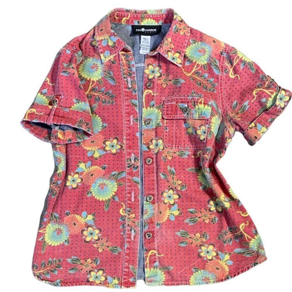 VTG Sag Harbor Floral Denim Button Front Shirt Short Sleeve Sz S Red #38B
